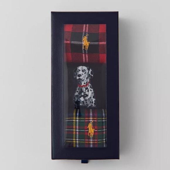 NWT Polo Ralph Lauren Black/Red/Green Tartan Plaid Dalmatian Dog Socks 3-Pack - Picture 3 of 4